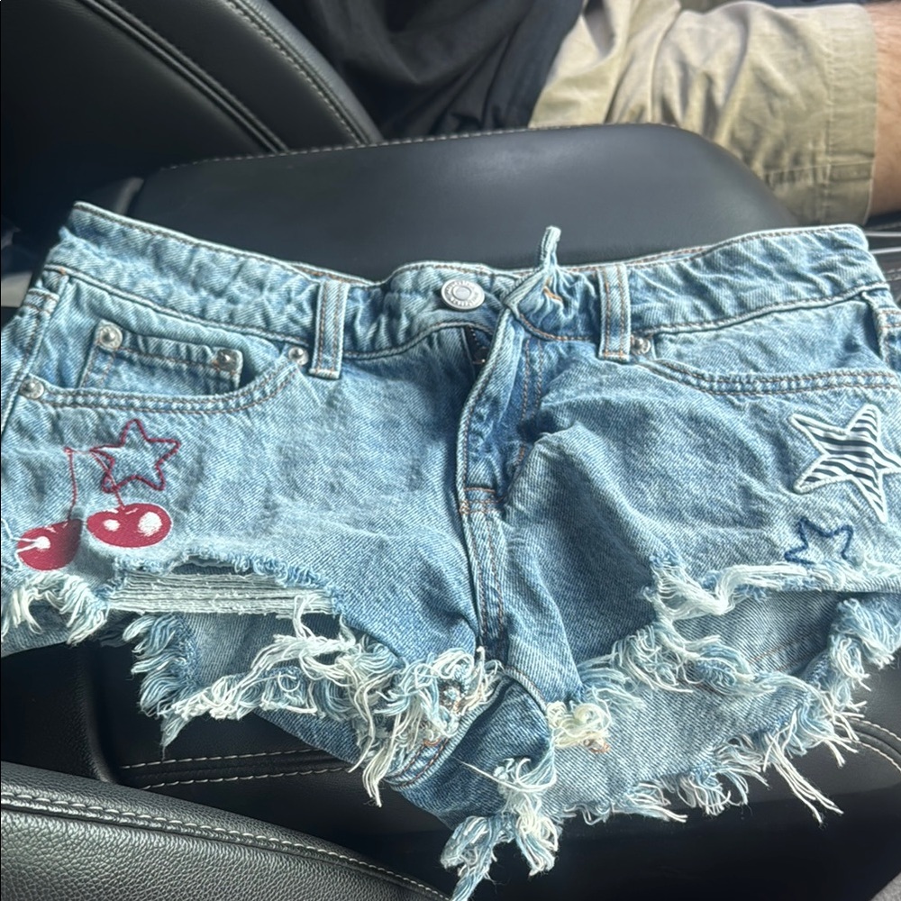Aeropostale Blue and Red Jean Shorts Distressed High-Waisted